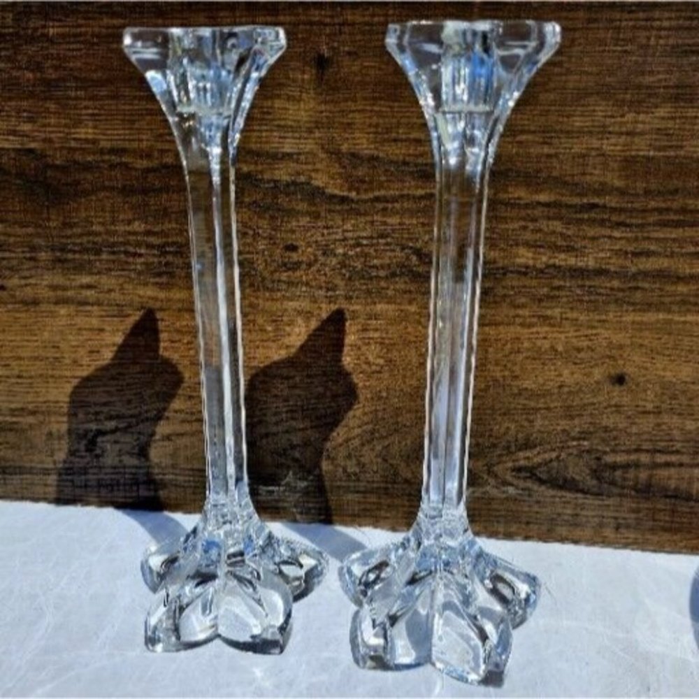 2 Mikasa Petals Lead Crystal Taper Candlesticks 9" pair candle holders vintage